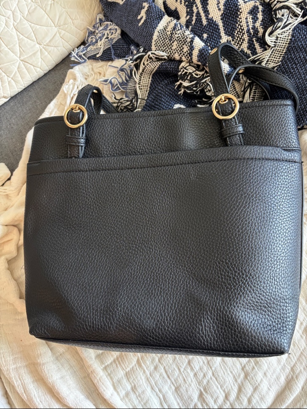 EUC Anne Klein Black Pebbled Leather Tote with Gold Accents - Picture 2 of 6